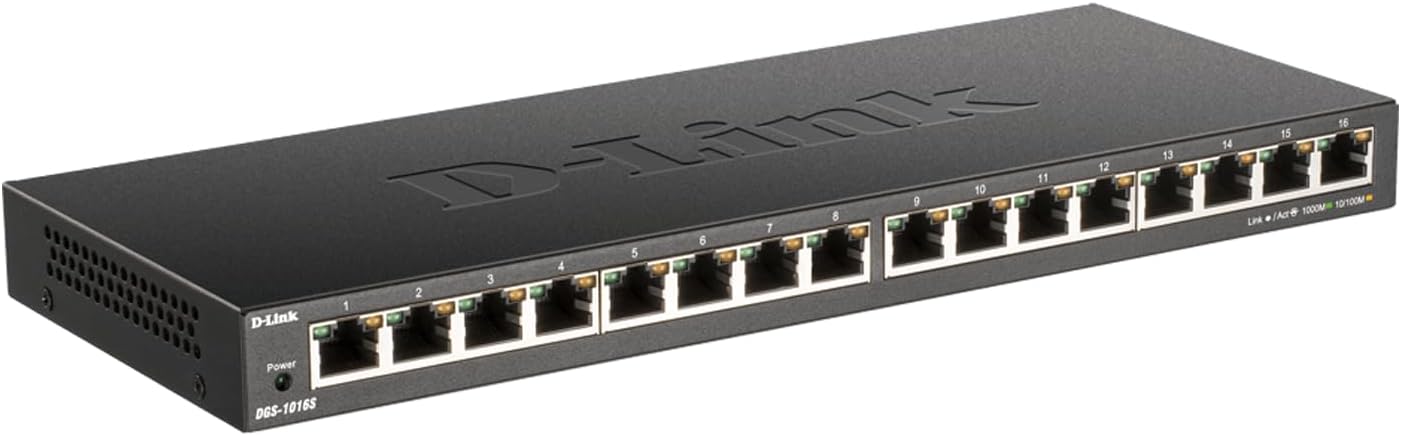 D-Link Ethernet Switch, 16 Port Gigabit Slim Switch Plug and Play, Unmanaged, Metal Housing, Quiet Fanless Design