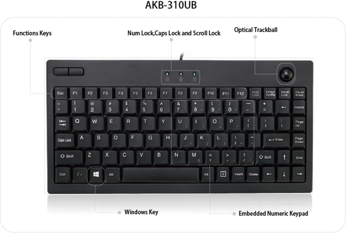 AKB-310UB - Wired USB Mini Trackball USB Keyboard, 87-Key US Layout, Black