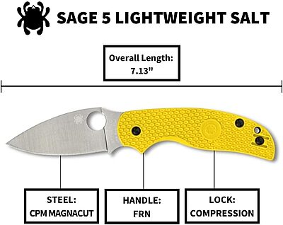 Spyderco Sage 5 Lightweight Salt Folding Pocket Knife with 3-Inch CPM MagnaCut Steel Blade and Yellow FRN Handle - PlainEdge - C123PYL