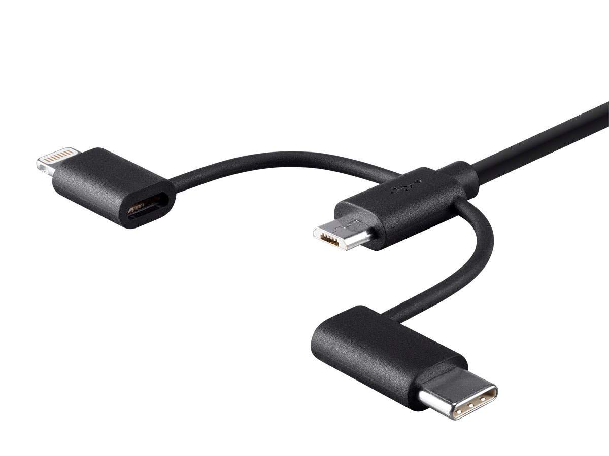 Monoprice 118789 Apple MFi Certified USB to Micro USB + USB Type-C + Lightning Charge And Sync Cable - 3 Feet - Black 1 Count