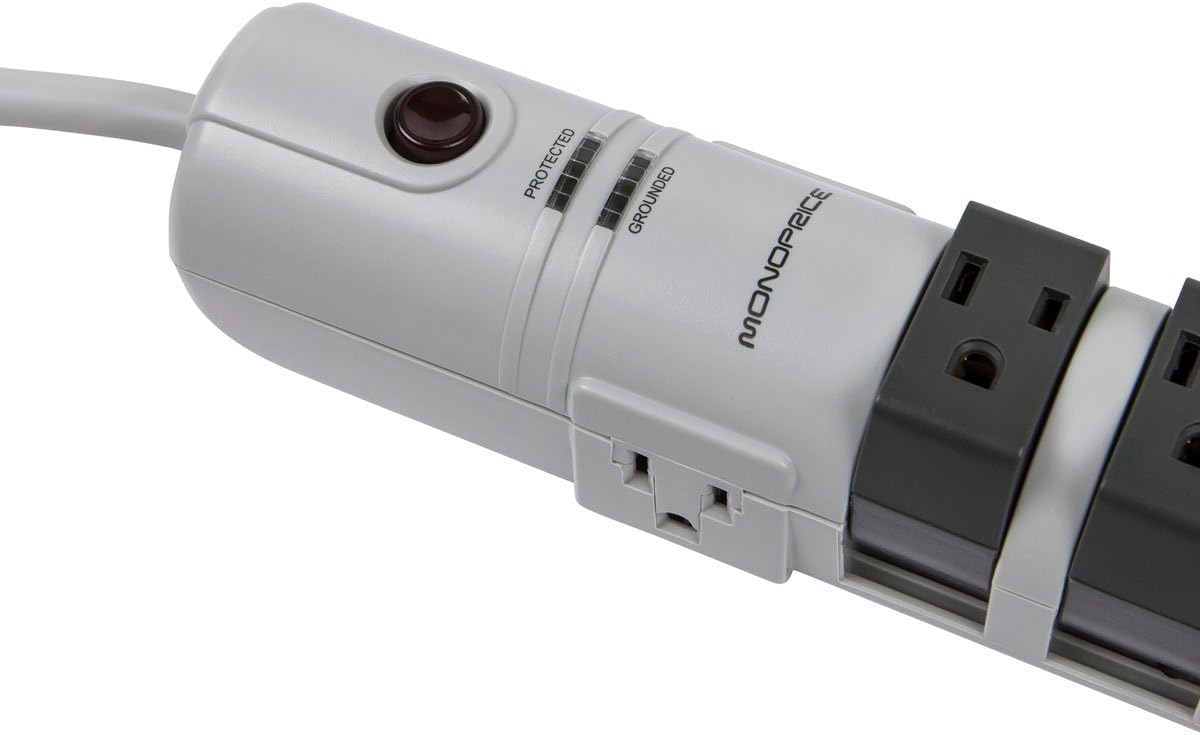 Monoprice 8 Outlet Rotating Surge Strip - UL Rated 2,160 Joules with Grounded and Protected Light Indicator, Gray
