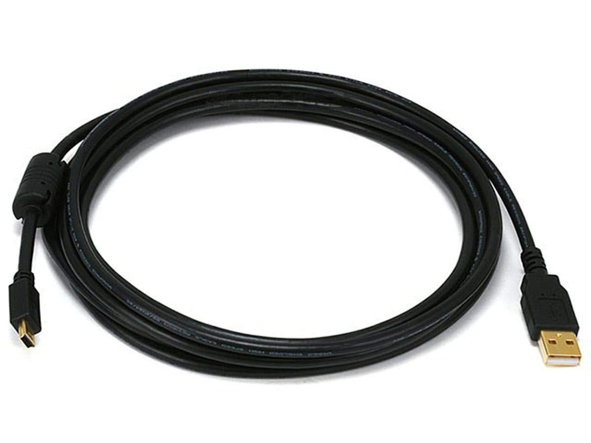 Monoprice USB 2.0 Type-A Male to Mini-B 5pin Male Cable - with Ferrite Core, Gold Plated, 28/24AWG, 6 Feet, Black