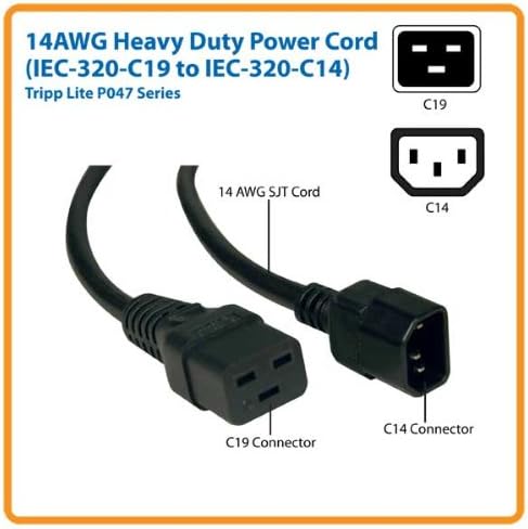 Tripp Lite Heavy-Duty Power Cord, 15A, 14AWG (IEC-320-C19 to IEC-320-C14) 2-ft.(P047-002)
