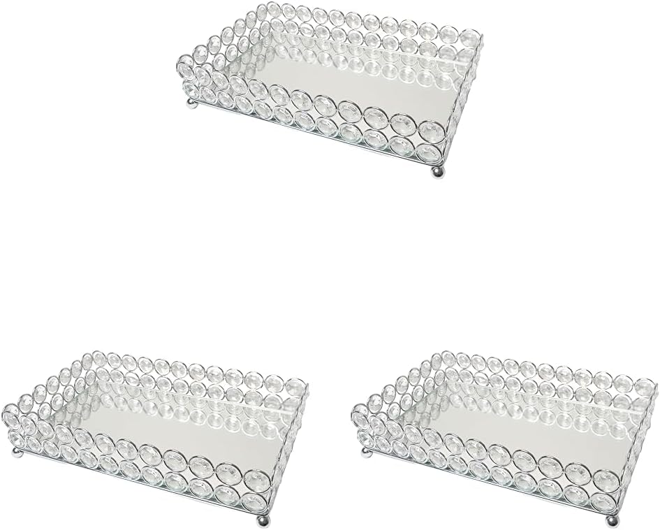 Elegant Designs HG1010-CHR Elipse Crystal Decorative Mirrored Jewelry or Makeup Cosmetic Perfume Vanity Organizer Tray, Chrome (Pack of 3) 10.5" x 6.3" x 2.3" (Pack of 3)