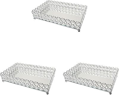 Elegant Designs HG1010-CHR Elipse Crystal Decorative Mirrored Jewelry or Makeup Cosmetic Perfume Vanity Organizer Tray, Chrome (Pack of 3) 10.5" x 6.3" x 2.3" (Pack of 3)