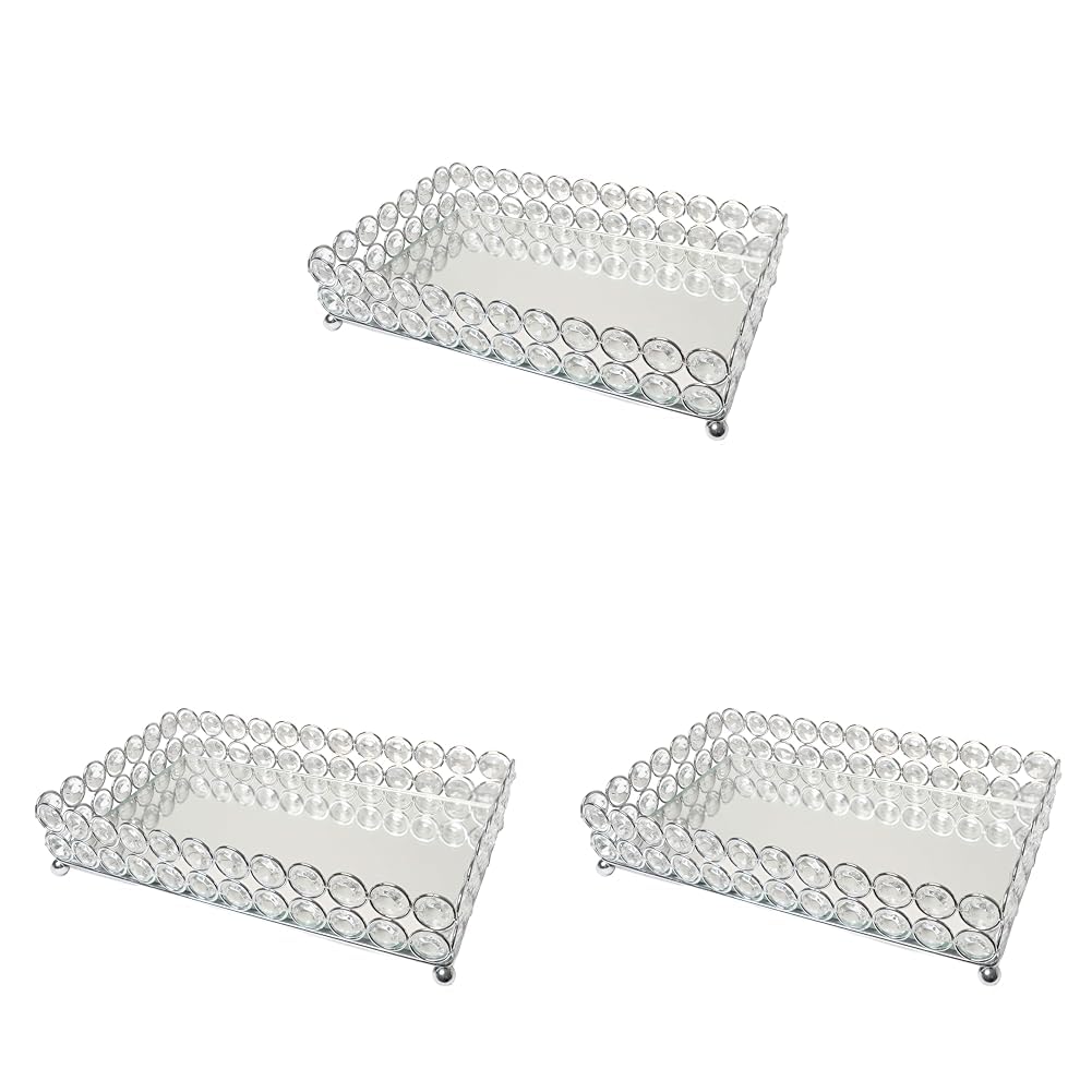 Elegant Designs HG1010-CHR Elipse Crystal Decorative Mirrored Jewelry or Makeup Cosmetic Perfume Vanity Organizer Tray, Chrome (Pack of 3) 10.5" x 6.3" x 2.3" (Pack of 3)