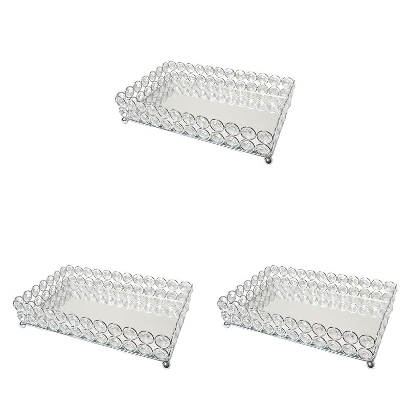 Elegant Designs HG1010-CHR Elipse Crystal Decorative Mirrored Jewelry or Makeup Cosmetic Perfume Vanity Organizer Tray, Chrome (Pack of 3) 10.5" x 6.3" x 2.3" (Pack of 3)