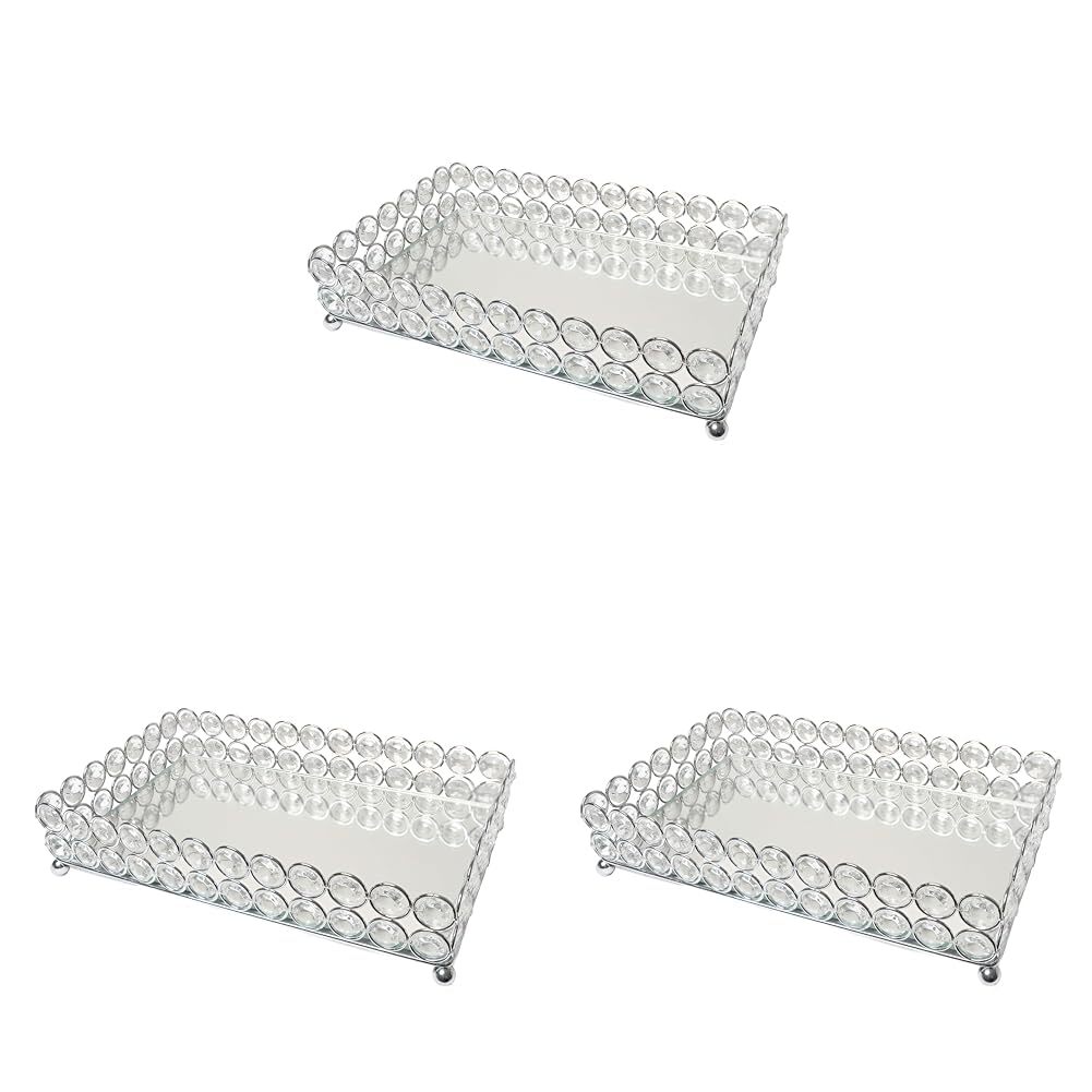 Elegant Designs HG1010-CHR Elipse Crystal Decorative Mirrored Jewelry or Makeup Cosmetic Perfume Vanity Organizer Tray, Chrome (Pack of 3) 10.5" x 6.3" x 2.3" (Pack of 3)