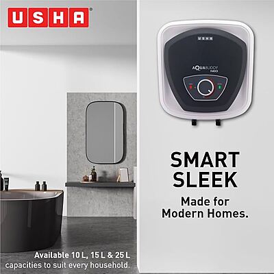 The IPX4-rated shockproof ABS body of the Usha Aquabuddy 15L Storage Water Heater.