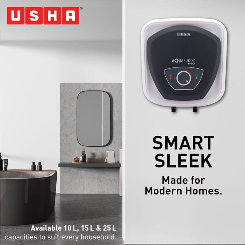 The IPX4-rated shockproof ABS body of the Usha Aquabuddy 15L Storage Water Heater.