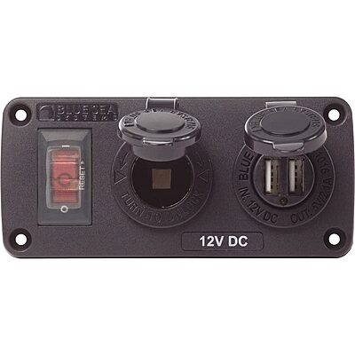Blue Sea Systems 4363 Water-Resistant Accessory Panels, 15A Circuit Breaker, 12V Socket, 2.1A Dual USB Charger