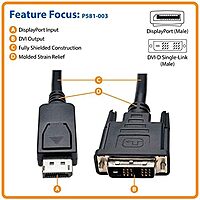 Tripp Lite DisplayPort to DVI-D Adapter Converter Cable DP with Latches, M/M 1080p @ 60Hz 3ft 3' (P581-003), black