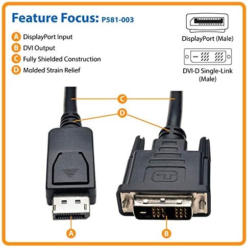 Tripp Lite DisplayPort to DVI-D Adapter Converter Cable DP with Latches, M/M 1080p @ 60Hz 3ft 3' (P581-003), black
