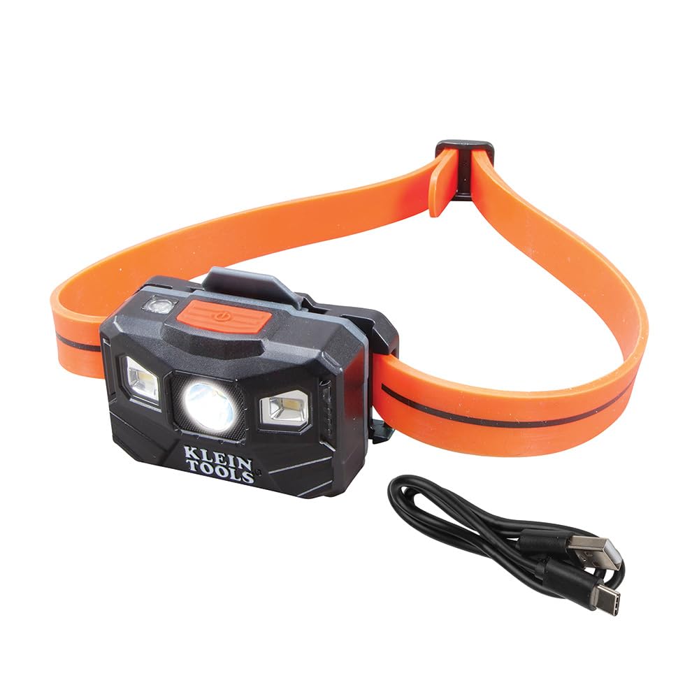 Klein Tools 56064 Rechargeable Auto-Off LED Headlamp, Silicone Strap, 400 lms, All-Day Runtime, for Work, Running