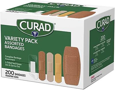 CURAD Assorted Adhesive Bandages, 4-Sided Seal, Variety Pack, 200 Count, 1 Pack