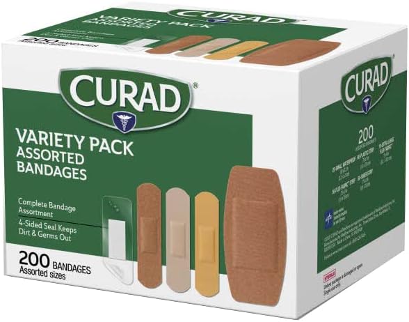 CURAD Assorted Adhesive Bandages, 4-Sided Seal, Variety Pack, 200 Count, 1 Pack