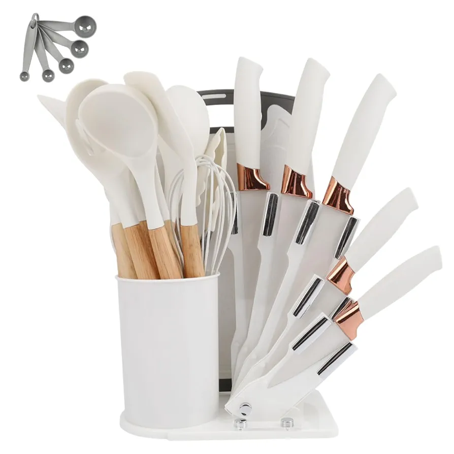 19PCS SET OF SILICONE COOKING SPOONS COOKWARE CHOPPING BOARD KNIVES WITH KNIVES STAND & STORAGE