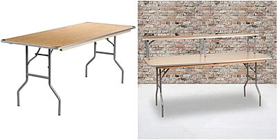 Flash Furniture Fielder 6-Foot Rectangular Birchwood Folding Banquet Table with Metal Edges and Amara 72'' x 12'' x 12'' Birchwood Bar Top Riser with Silver Legs 30 x 72 in Table + Top Riser