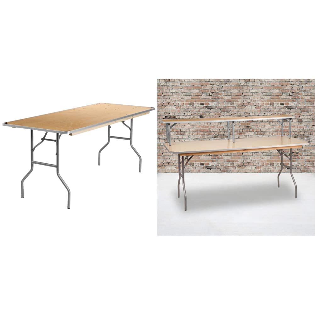 Flash Furniture Fielder 6-Foot Rectangular Birchwood Folding Banquet Table with Metal Edges and Amara 72'' x 12'' x 12'' Birchwood Bar Top Riser with Silver Legs 30 x 72 in Table + Top Riser