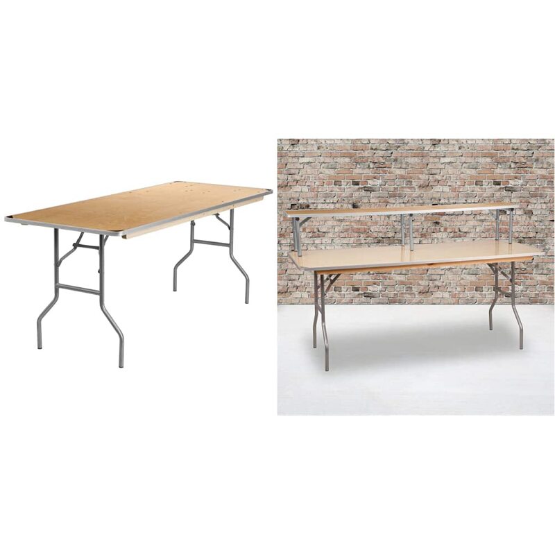 Flash Furniture Fielder 6-Foot Rectangular Birchwood Folding Banquet Table with Metal Edges and Amara 72'' x 12'' x 12'' Birchwood Bar Top Riser with Silver Legs 30 x 72 in Table + Top Riser
