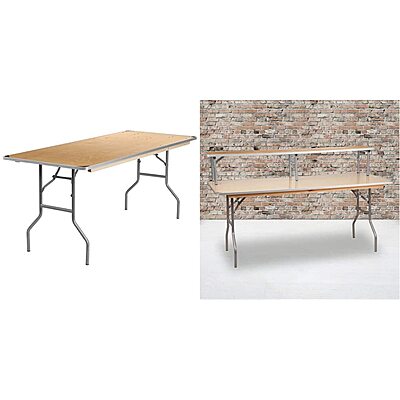 Flash Furniture Fielder 6-Foot Rectangular Birchwood Folding Banquet Table with Metal Edges and Amara 72'' x 12'' x 12'' Birchwood Bar Top Riser with Silver Legs 30 x 72 in Table + Top Riser