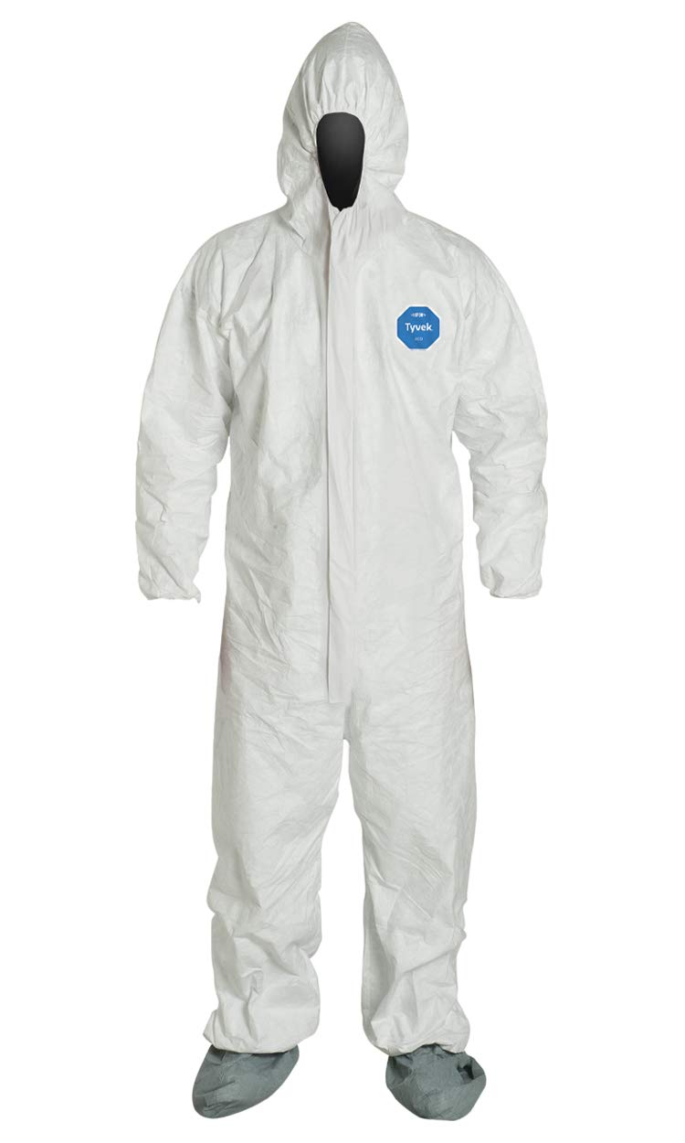 DuPont Tyvek 400 TY122S Disposable Protective Coverall with Elastic Cuffs, Attached Hood and Boots, White, Medium, CASE OF 25