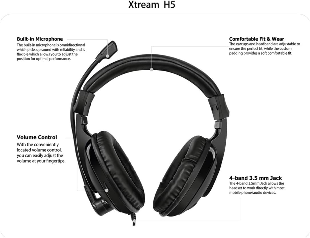Adesso Xtream H5 - 3.5mm Stereo Headset with Microphone - Noise Cancelling - Wired- Lightweight - Works with Computer