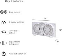 Genesis Twin Fan High Velocity Reversible AirFlow Fan, LED Indicator Lights Adjustable Thermostat & Max Cool Technology, ETL Certified, White (A1WINDOWFAN)