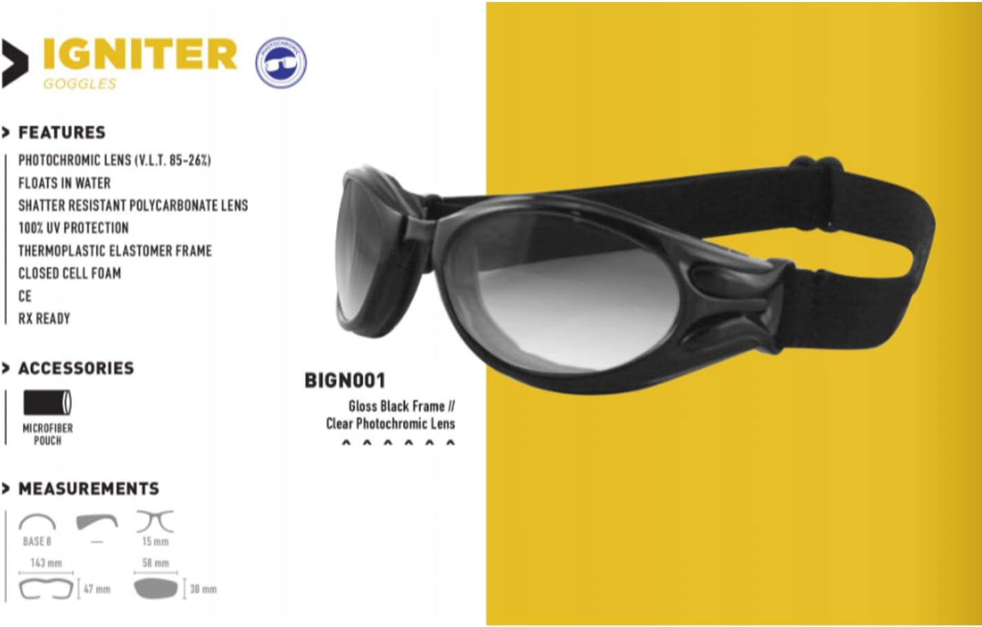Bobster ® Igniter, Gloss Black Frame, Clear Photochromic Lens