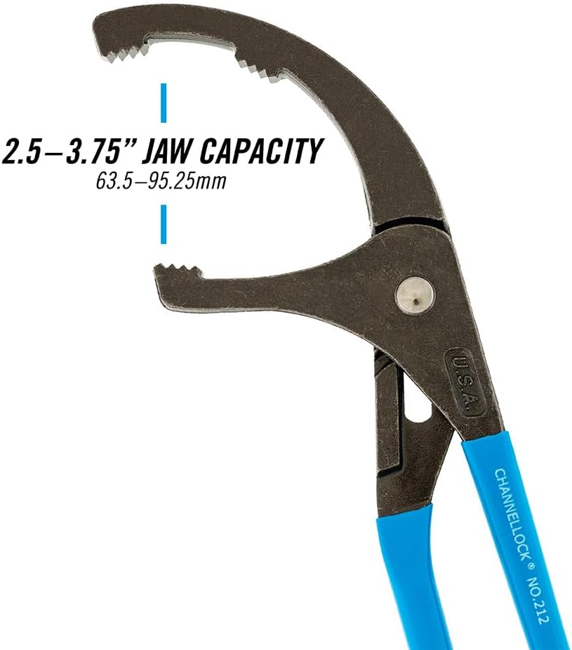 CHANNELLOCK 212 12-inch Oil Filter/PVC Pliers | Made in USA | 2.5 to 3.75-inch Jaw Capacity | Forged High Carbon Steel | Blue