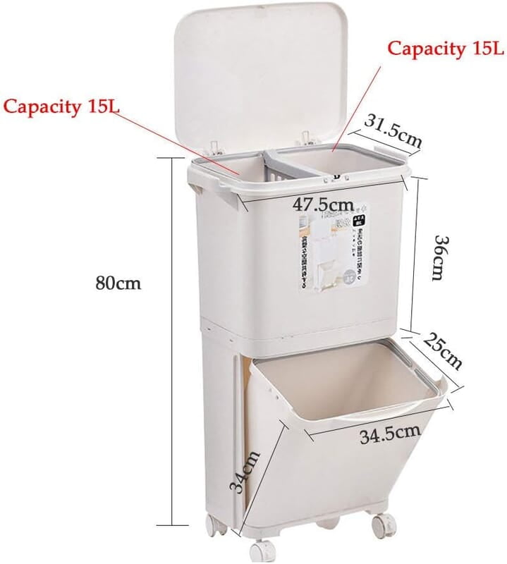 45L 2 COMPARTMENTS REFUSE BIN /TRASH CAN  WITH ANTI ODOUR  LID AND 2 LAYERS STORAGE