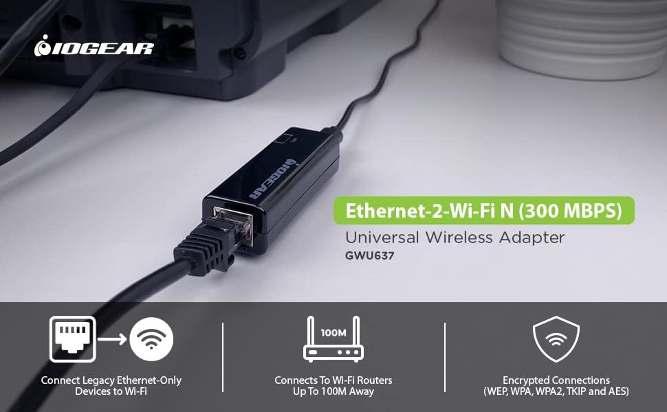 IOGEAR Universal Ethernet to Wi-Fi N Adapter - Speeds of up to 300Mbps on 2.4GHz - Push-button Wi-Fi Protected Setup (WPS)