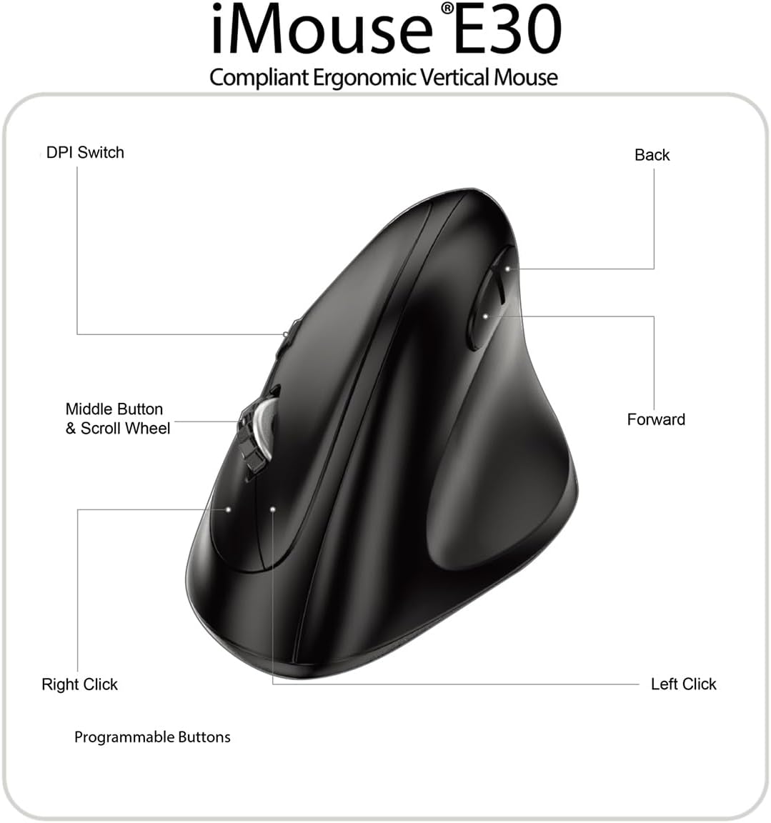 iMouse E30 2.4GHz Wireless Ergonomic Vertical Mouse Adjustable DPI Programmable Driver Optical Sensor Right Handed