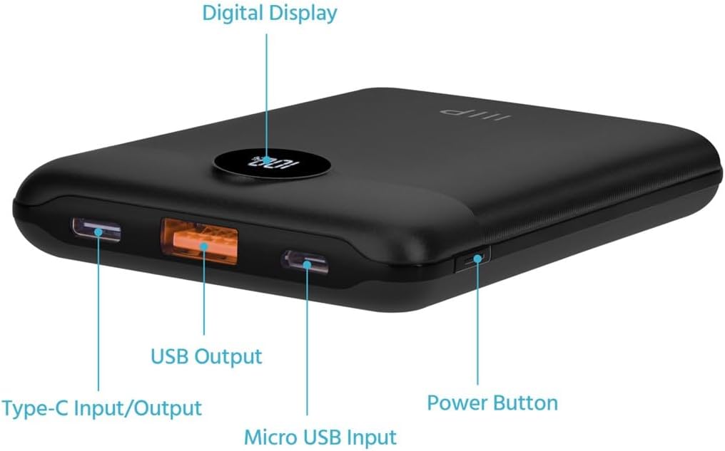 Monoprice Ultra-Compact USB-C 10,000 mAh Power Bank with USB-A and Micro USB, PD 20W and QC 3.0 Fast Charging
