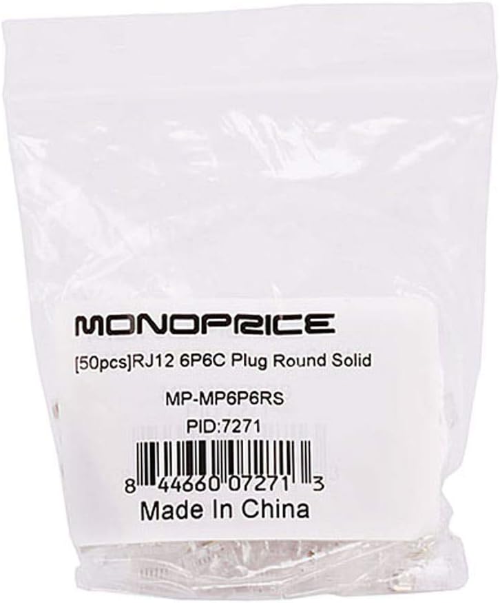 Monoprice 6P6C RJ12 Modular Plugs - For Round Solid/Stranded Cable, 1u, 3 Prongs, 50 Pack, Clear