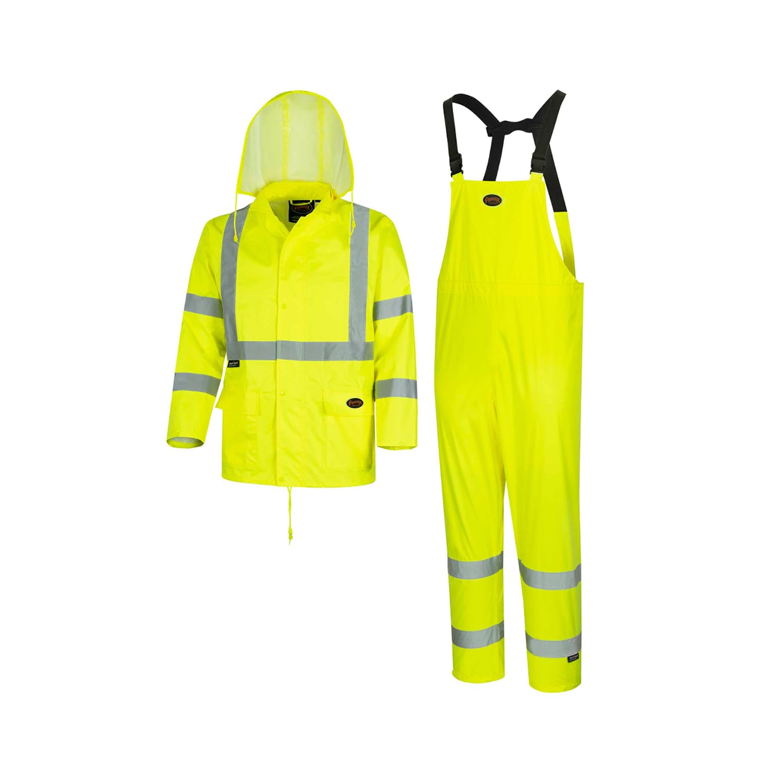Pioneer High Visibility Rain Gear Safety Jacket and Bib Pants – Hi Vis Waterproof Reflective PVC Work Suit for Men