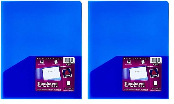 Avery Translucent Two Pocket Folder, Water Resistant, Holds up to 20 Sheets, 1 Blue Folder (47811) (Pack of 2) Translucent Blue 1 Count (Pack of 2)