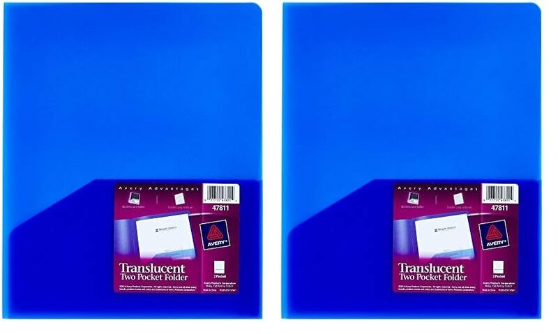 Avery Translucent Two Pocket Folder, Water Resistant, Holds up to 20 Sheets, 1 Blue Folder (47811) (Pack of 2) Translucent Blue 1 Count (Pack of 2)