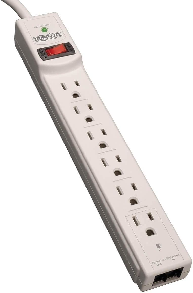 Tripp Lite 6 Outlet Surge Protector Power Strip, Black/Light Gray, 8ft Cord, RJ11, 990 Joules (TLP608TEL)