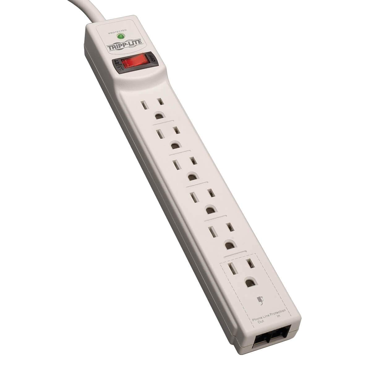 Tripp Lite 6 Outlet Surge Protector Power Strip, Black/Light Gray, 8ft Cord, RJ11, 990 Joules (TLP608TEL)