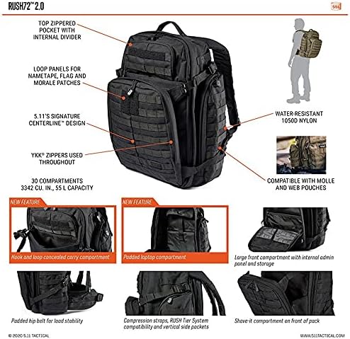 5.11 Tactical Backpack, RUSH 72 2.0 Military Survival Molle Back Pack with Laptop Compartment, Large, 55L, Multicam