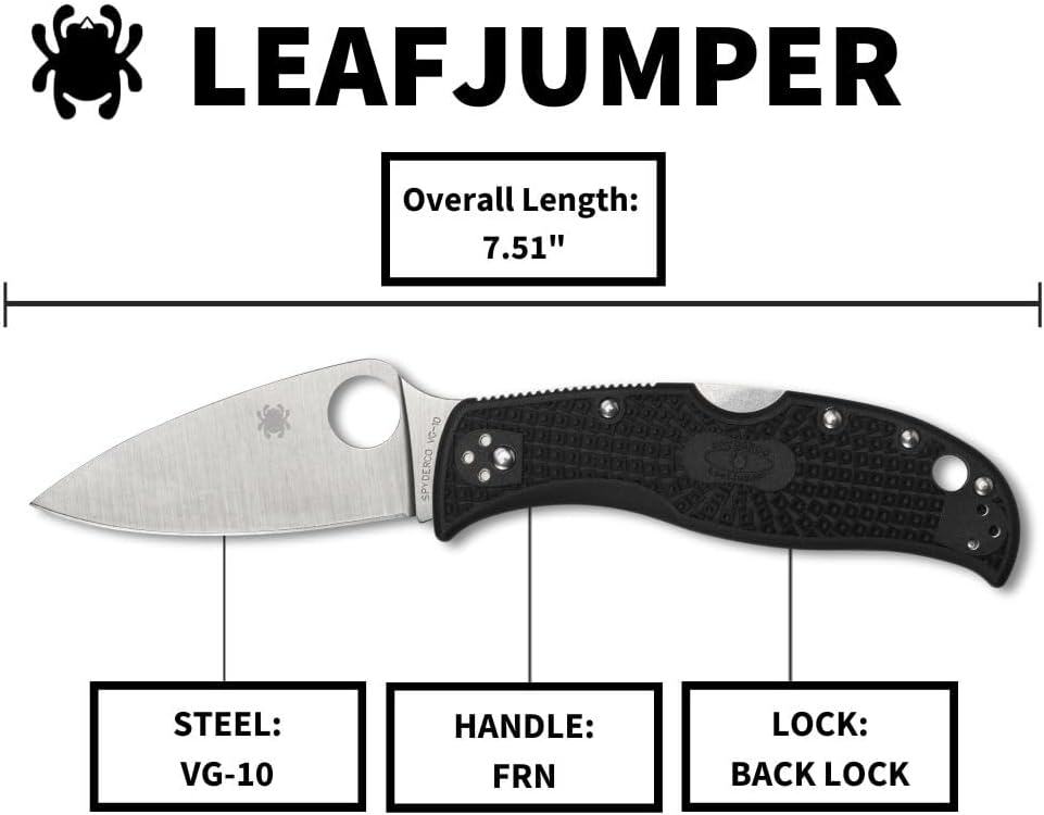 Spyderco Leafjumper Lightweight Mid-Sized Pocket Knife with VG-10 Stainless Steel and Black FRN Handle - PlainEdge - C262BK