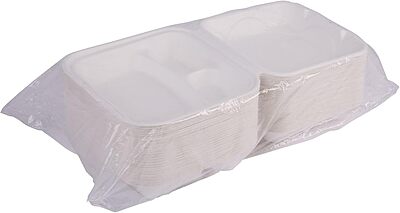 ECO PRODUCTS Compostable 8" Clamshell To Go Containers, Case of 200, 3 Compartment, Square Take Out Food Box, White Renewable Molded Fiber, Microwaveable & Freezable, Grease & Cut Resistant, ASTM