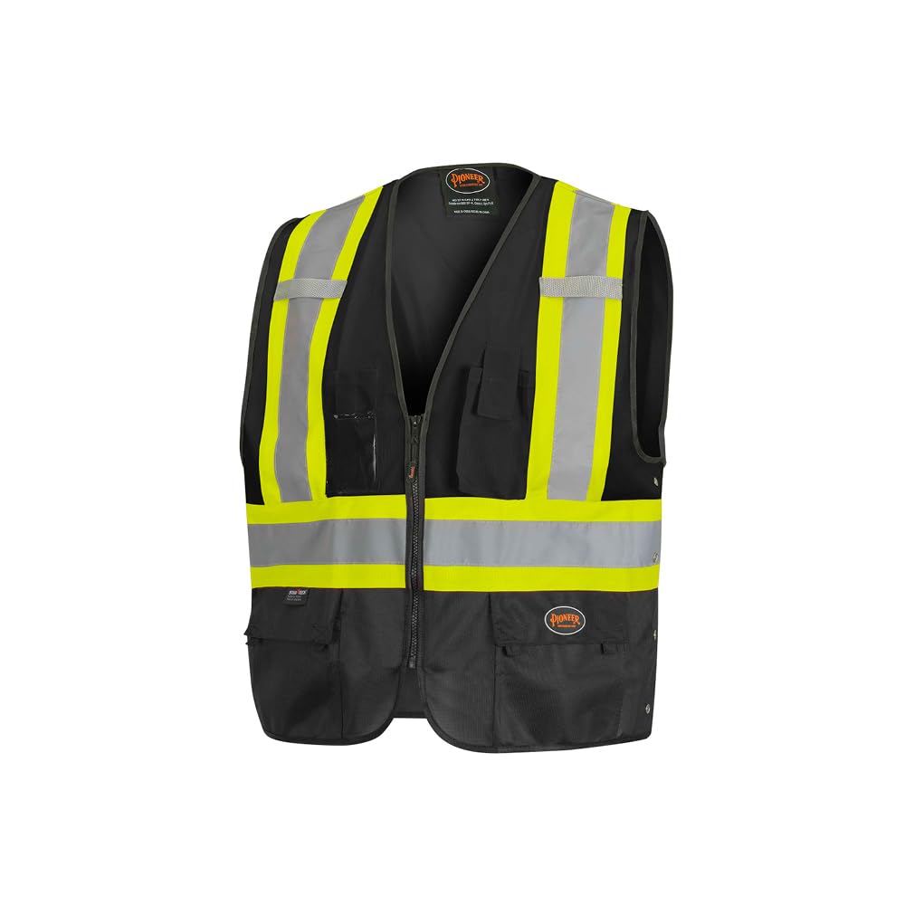 Pioneer Hi-Vis Reflective Safety Vest, Solid Neon, 8 Pockets, Zipper, Adjustable