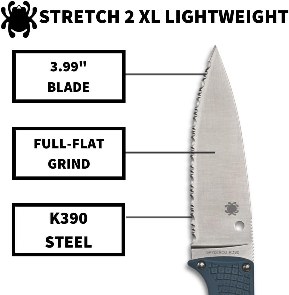Spyderco Stretch 2 XL Lightweight Folding Pocket Knife with K390 Stainless Steel Blade and Blue FRN Handle - PlainEdge