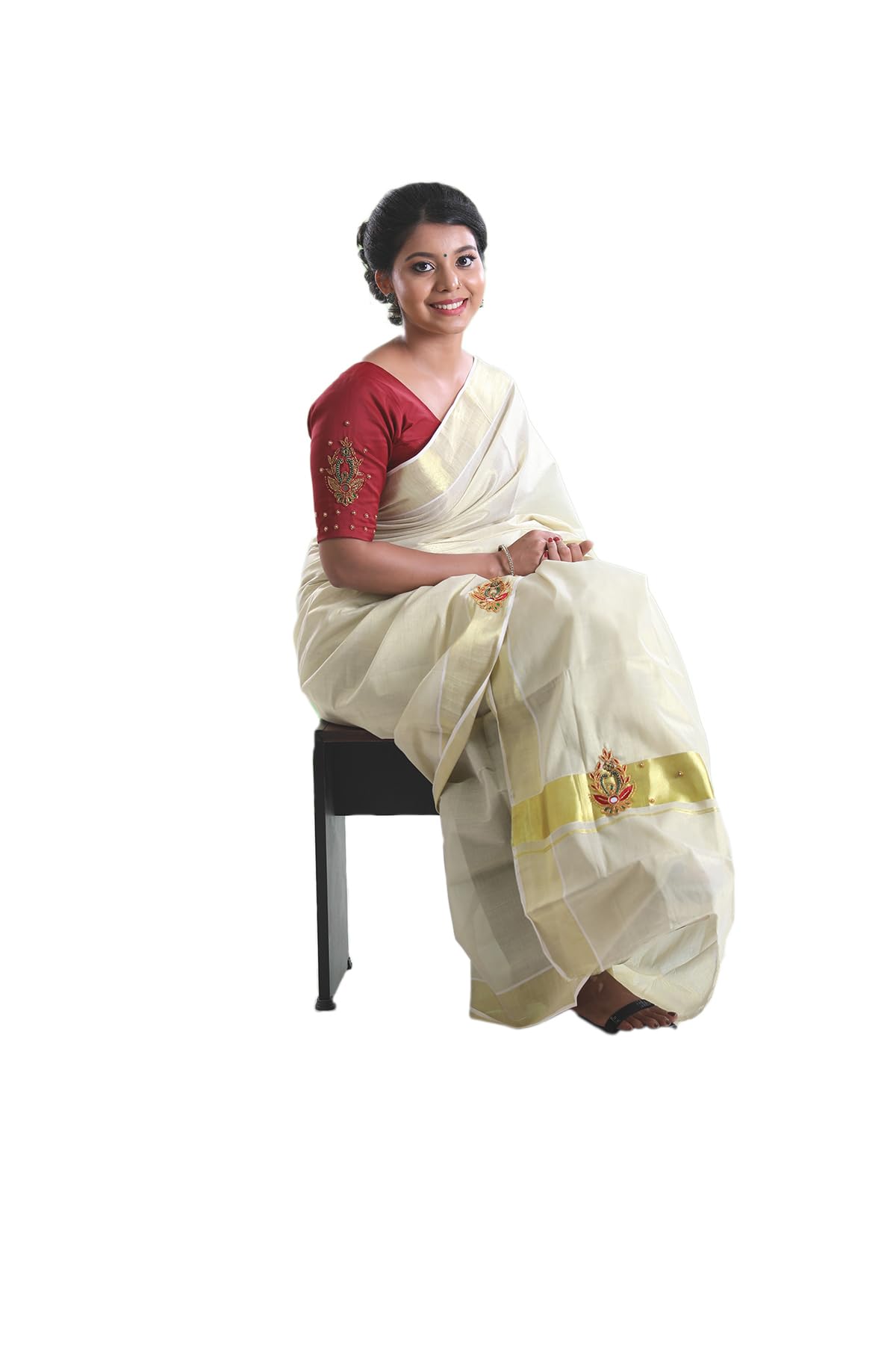 Kuthampully Kerala Kasavu Sarees For Women | Handcrafted Aari work Kerala Sarees | Tissue Onam Saree With Running Blouse | South Indian Sarees | Women's Zari Kasavu | Ekm-510 (Maroon)