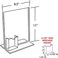 Azar Displays 252054-2pk 16" W x 8.5" H Vertical Double Sided, Stand Up Acrylic Sign Holder with Attached Brochure Holder (Pack of 2)