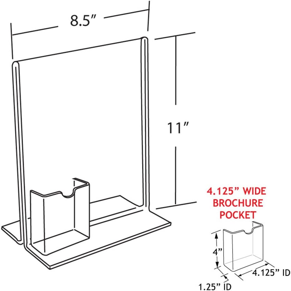Azar Displays 252054-2pk 16" W x 8.5" H Vertical Double Sided, Stand Up Acrylic Sign Holder with Attached Brochure Holder