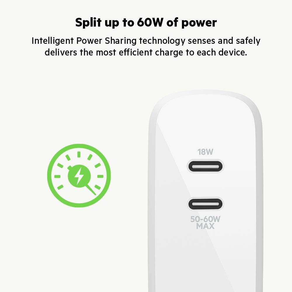 Belkin Dual Port USB C Charger Block 68W - GaN Fast Charging - Type C - USB-C PD Charge for Apple iPhone 16