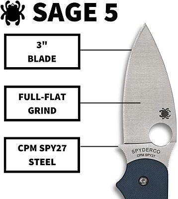 Spyderco Sage 5 Folding Pocket Knife with 3 Inch CPM SPY27 Steel Blade and Cobalt Blue G-10 Handle - PlainEdge - C123GPCBL